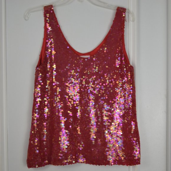 Jeanette for St Martin Sport Sequin Top Women Small Red Sleeveless Lined Disco - Picture 2 of 10